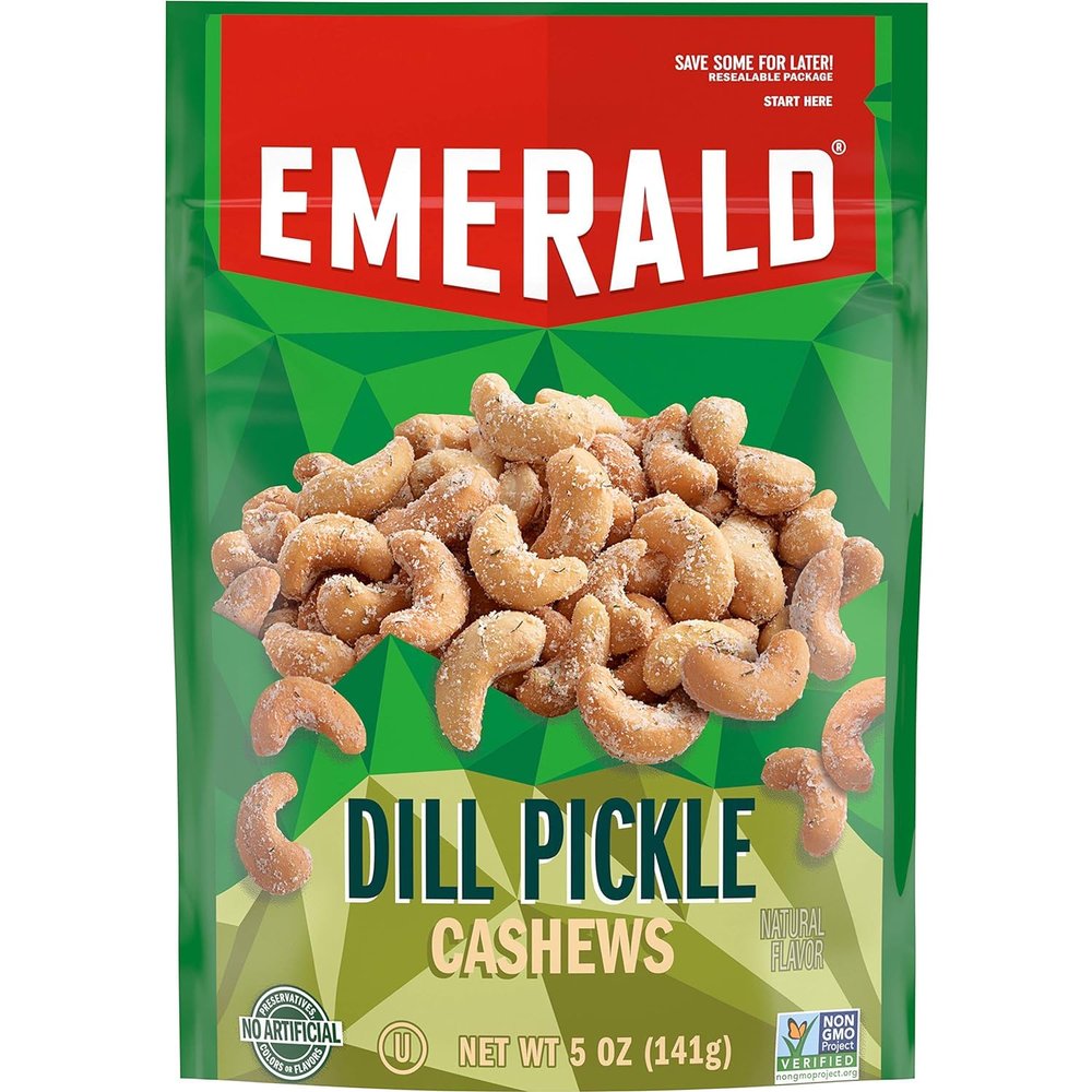 Emerald Nuts, Dill Pickle Seasoned Cashews, 5 Oz, Resealable Bag (Pack of 2)