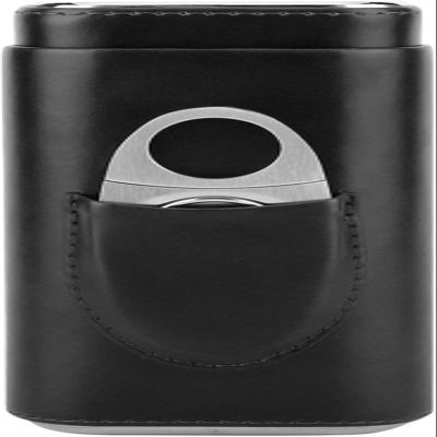 AtEEco Cigar Humidor Cigar Leather Case with Stainless Steel Cigar Cutter Capacity 3 Cigars (Color : Black)