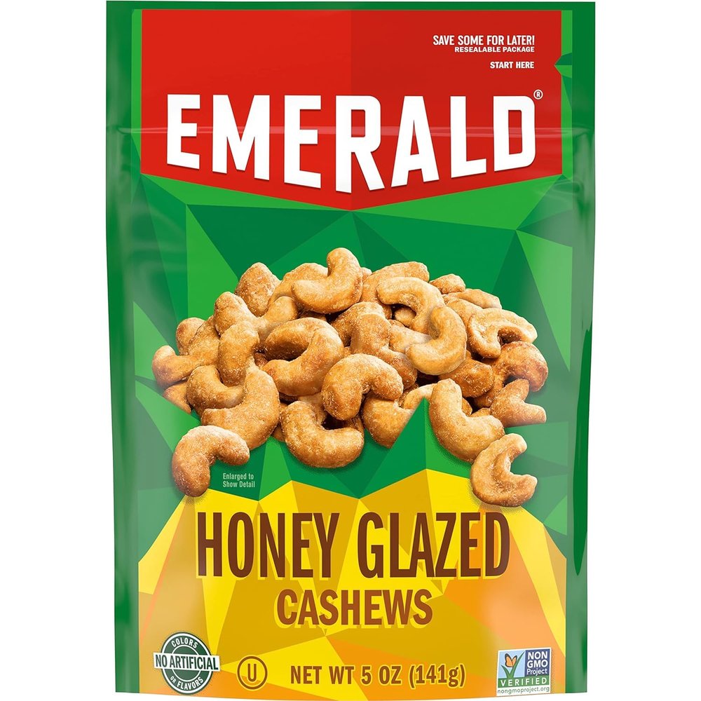 Emerald Nuts, Honey Glazed Cashews, 5 Oz, Resealable Bag (Pack of 2)