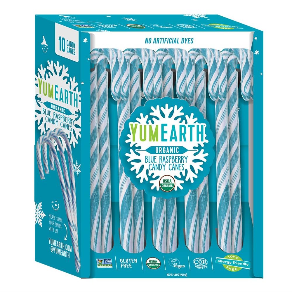 YumEarth Organic Candy Canes - Individually Wrapped Full Size Blue Raspberry Candy Canes - Dye Free, Allergy Friendly, Non GMO, Gluten Free, Vegan - 10 Count (Pack of 1)