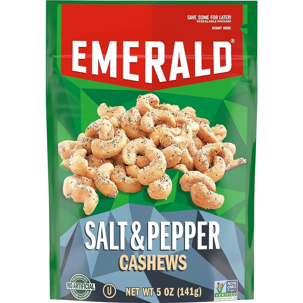 Emerald Nuts, Salt and Pepper Cashews, Stand Up Resealable Bag, 5 Ounce (Pack of 3)