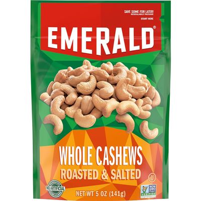 Emerald Nuts, Whole Cashews Roasted & Salted, 5 Oz Resealable Bag (Pack of 12)