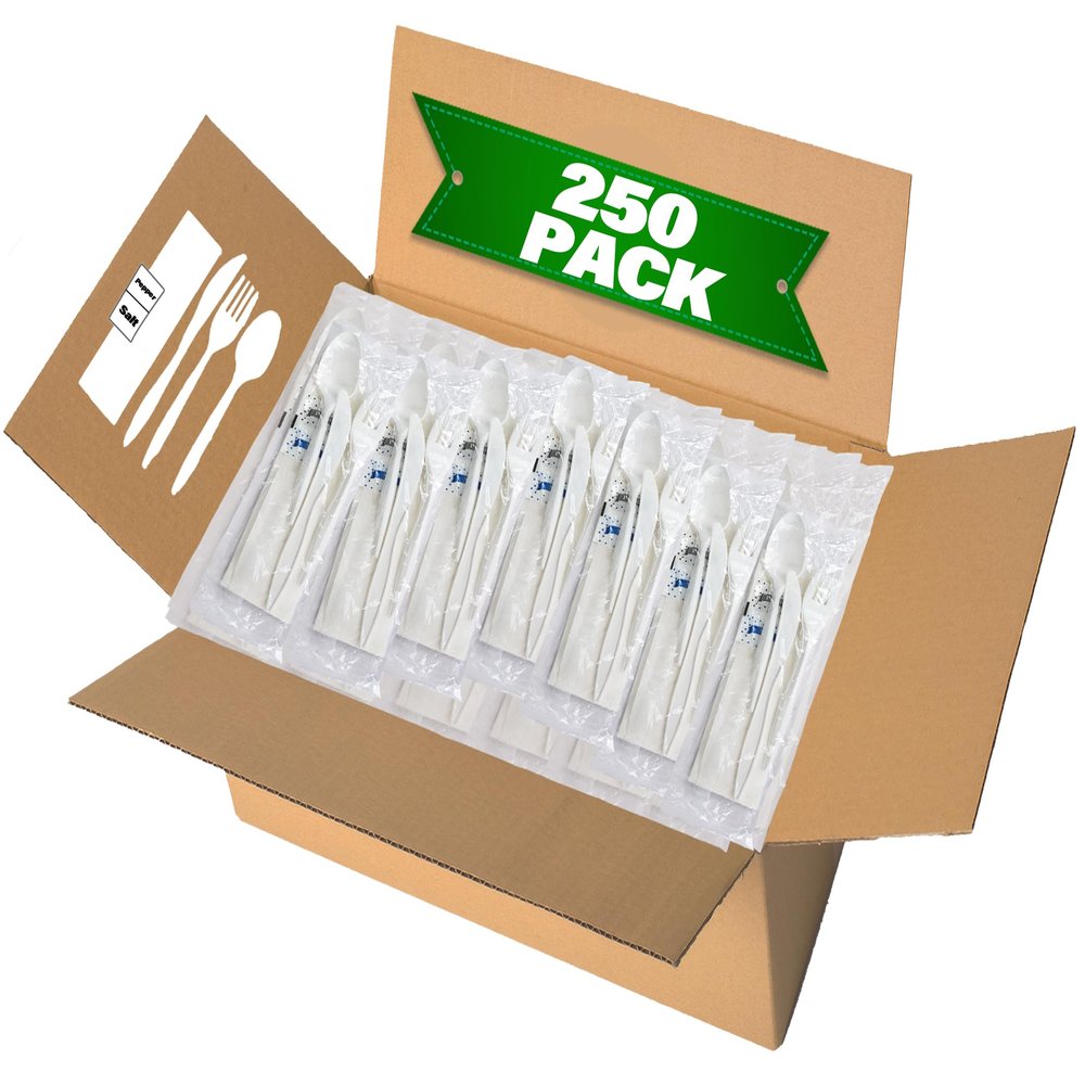 250 Pack Individually Wrapped Cutlery Set, Dispobasble Utensils Sets, White - Includes Disposable Cutlery Forks/Spoon/Knife/Napkin/Salt & Pepper - 250 Sets