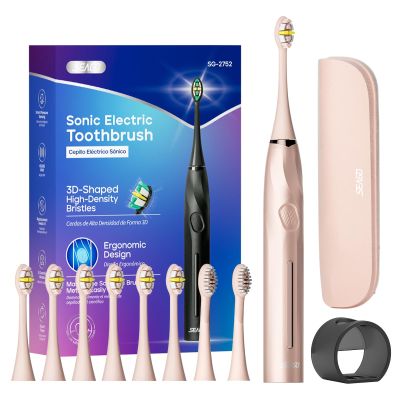 SEAGO Electric Toothbrush with 8 Soft Bristle Heads for AdultsPressure Sensor, 5 Modes with 2 Minutes Build in Smart Timer,Rechargeable Travel Toothbrush with Brush Hold and Travel Case(2752Pink)