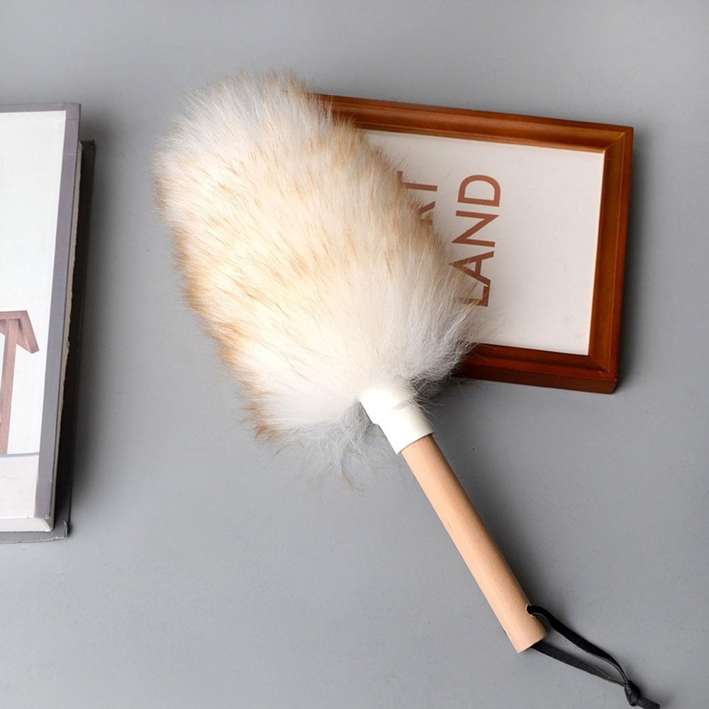 LUNCHS Lambswool Duster with Wooden Handle,Reusable Feather Duster for Cleaning Furniture,Window Blinds,Bookshelves Etc (Color : White, Size : 18cm)