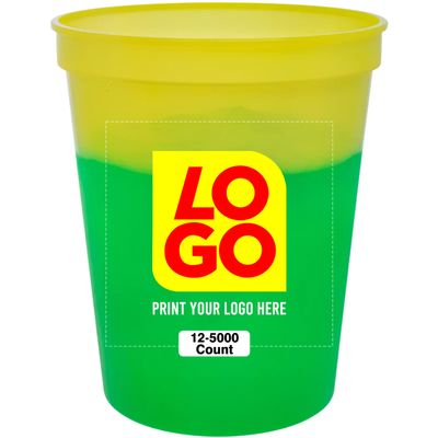 12 Pcs Multi Color Print Custom 16oz Color Changing Stadium Cups, Reusable Party Cups For Events, Sports, Birthdays or Brand Promotion (Yellow To Green)