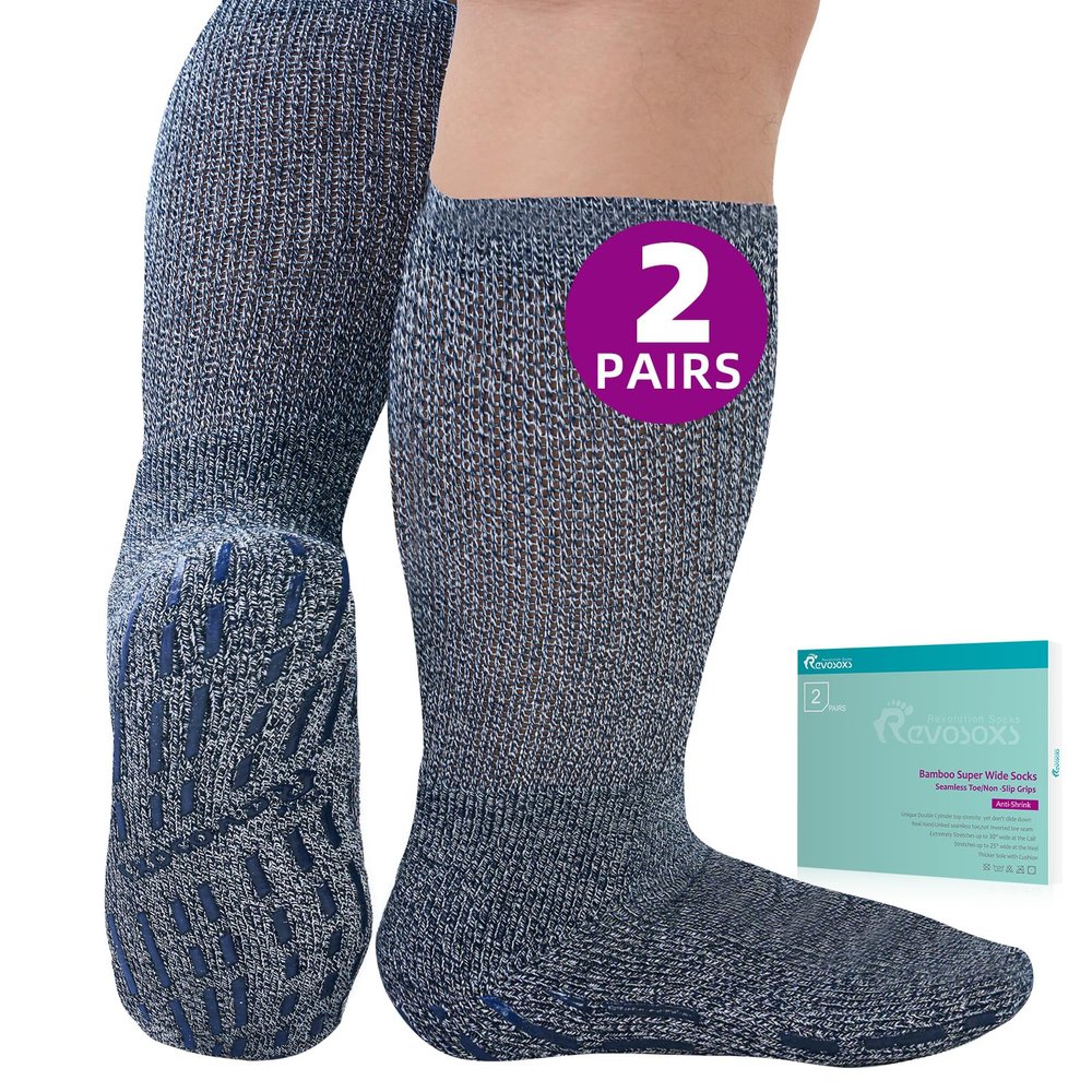 Revosoxs Extra Width Socks for Swollen Feet-2 Pairs Bamboo Viscose Wide Diabetic Non Slip Hospital Socks for Women Men 7-9 9-11 10-13(2 Pairs Navy)