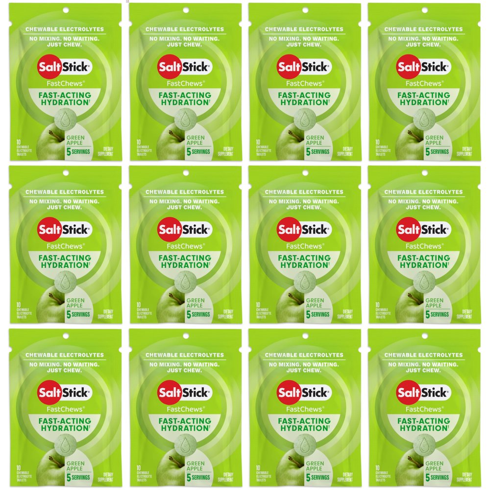 SaltStick Electrolyte FastChews - 120 Count Green Apple Flavor - Chewable Electrolyte Tablets for Hydration, Salt Tabs - 10 Count (Pack of 12)