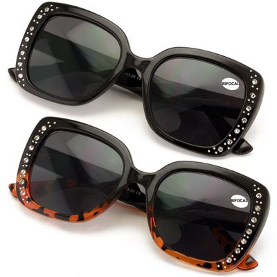 V.W.E. 2 Pairs Women Bifocal Sunglasses Rhinestones Outdoor UV Protection Reading Glasses Butterfly Elegance 106 (1 Black 1 Demi, 2.50, x)