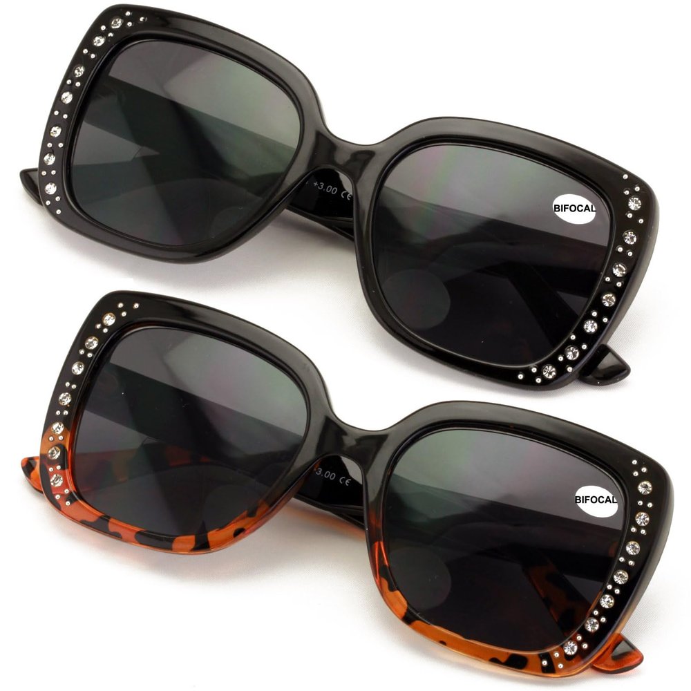 V.W.E. 2 Pairs Women Bifocal Sunglasses Rhinestones Outdoor UV Protection Reading Glasses Butterfly Elegance 106 (1 Black 1 Demi, 2.50, x)