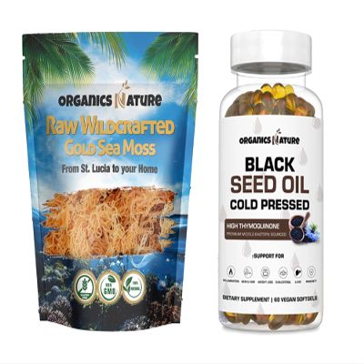ORGANICS NATURE Dried Sea Moss Wildcrafted & Black Seed Oil Capsules | Raw Gluten-Free, for Lung Detox, Immune System Support Softgels, for Hair, Skin, Heart, Nigella Sativa, Cold Pressed Cumin Seed.