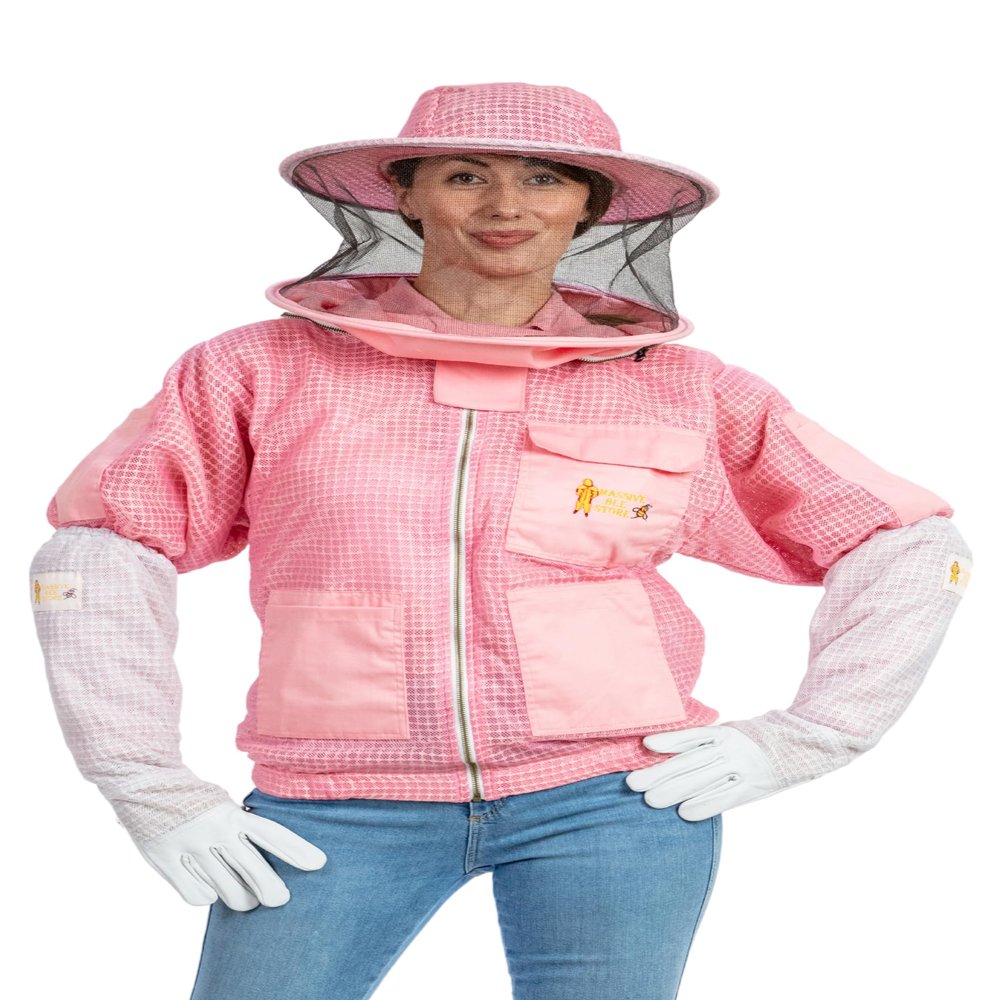 Massive Bee Store -- Beekeeping Fully Ventilated Jacket in Multi-Color with Round Veil (4XL, Pink)