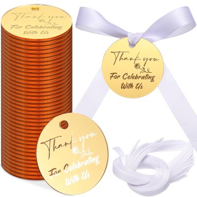 100 Set Gold Acrylic Thank You for Celebrating with Us Tags, with String Round Gold Mirrored Favors Labels, Thank You Gift Tags for Baby Shower Birthday Wedding Bridal Shower for Guests