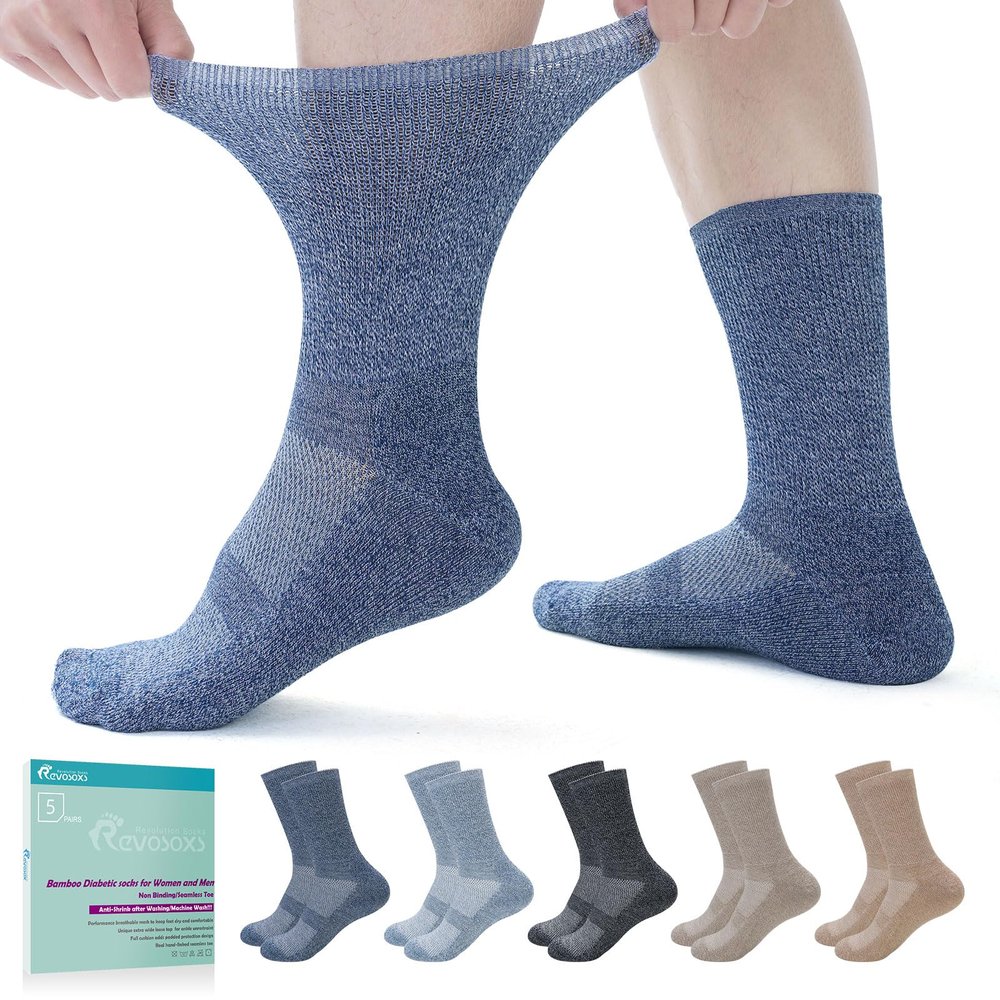 Revosoxs Diabetic Crew Socks for Men and Women,Non-Binding Wide Diabetic Socks with Seamless Toe 7-9 9-11Dark-Medium