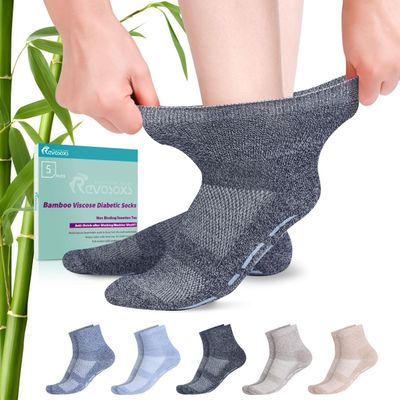 Revosoxs Diabetic Socks with Grippers for Men,5 Pairs Non Binding Bamboo Diabetic Ankle Grip Socks Men size 9-12(Dark-Large)