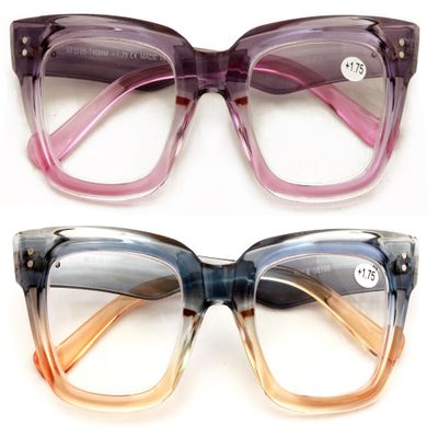 2 Pairs Bold Oversized Women Clear Lens Reading Glasses Large Reader 108 (Purple Blue, 2.50, x)