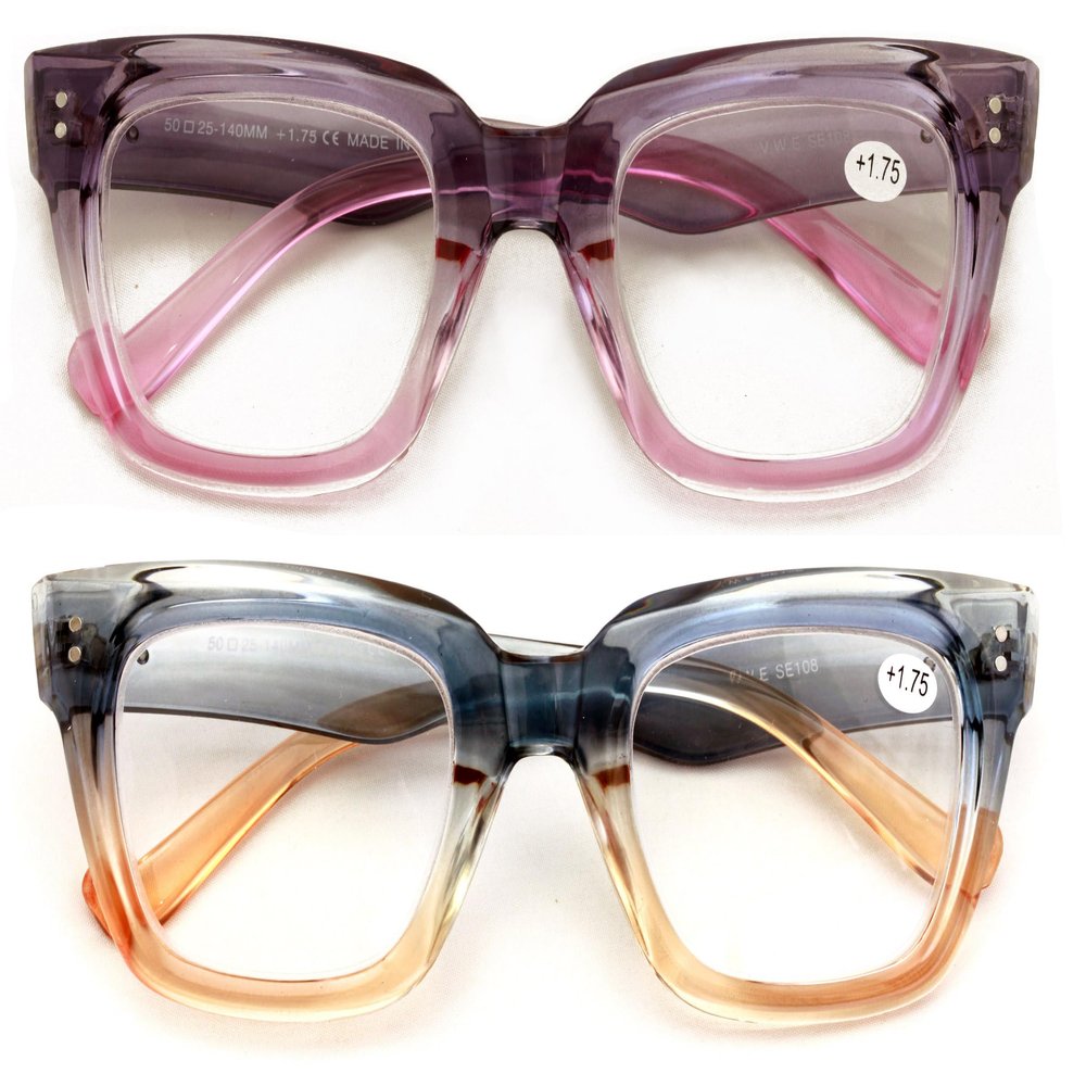 2 Pairs Bold Oversized Women Clear Lens Reading Glasses Large Reader 108 (Purple Blue, 2.50, x)