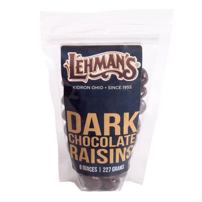 Lehman's Dark Chocolate Covered Raisins, Chocolate Shell, Candy Coated Confectionery Snack, 8 oz Resealable Bag