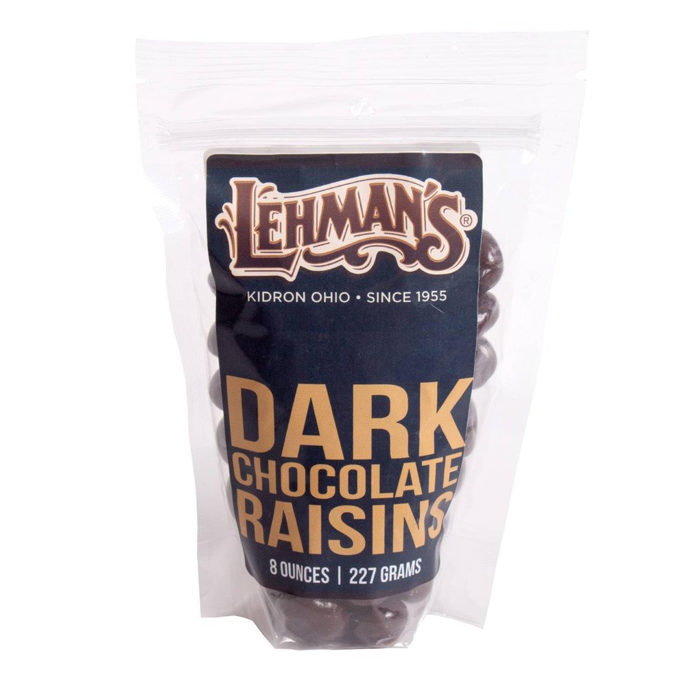 Lehman's Dark Chocolate Covered Raisins, Chocolate Shell, Candy Coated Confectionery Snack, 8 oz Resealable Bag
