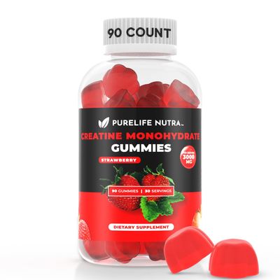 PureLife Nutra Creatine Monohydrate Gummies - 3g Serving, Sugar Free, 90 Count, Non-GMO, Designed for Men & Women, Gluten Free, Non Bloating - Vegan, Halal, Kosher. (90 Units, Strawberry)