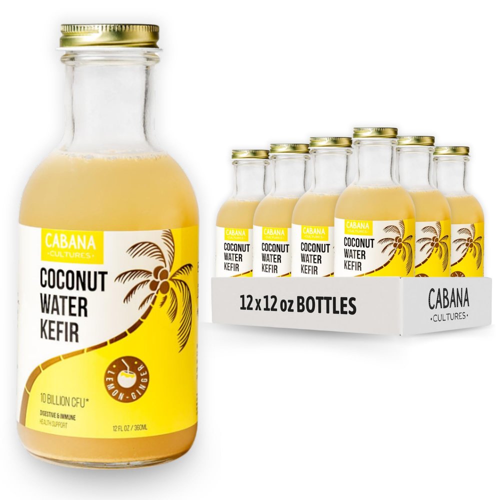 Cabana Cultures - Probiotic Coconut Water Kefir, Gut Health & Immunity Support, Hydration & Electrolytes, Vegan (Lemon-Ginger, 12-Pack)