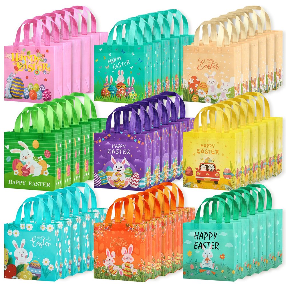 ZUIYIN 54Pcs Easter Gift Bags with Handles for Kids - Non-Woven Bags for Easter Baskets and Egg Hunt Games