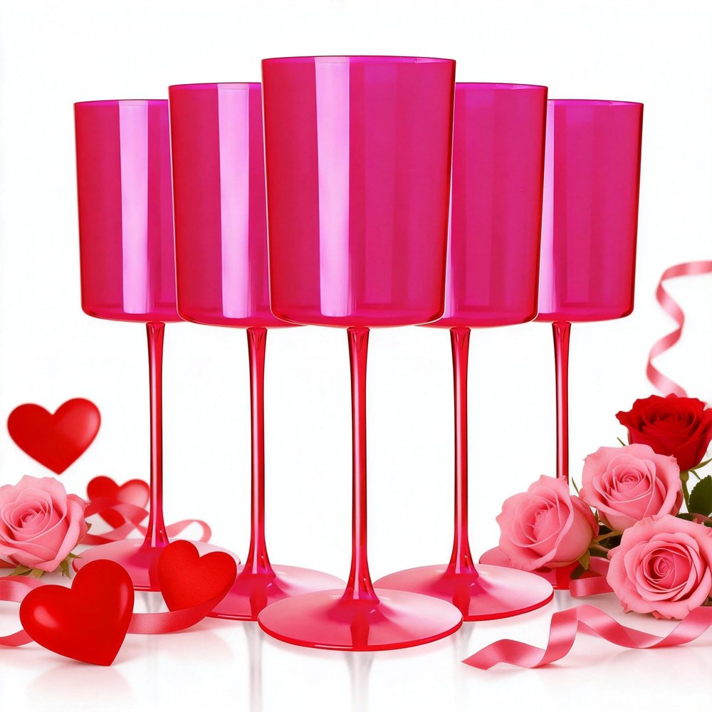 Ciaell 12 Pack Plastic Wine Glasses - 10Oz Hot Pink Plastic Wine Glasses With Stem - Disposable Stemmed Cups for Parties & Weddings & Valentine's Day