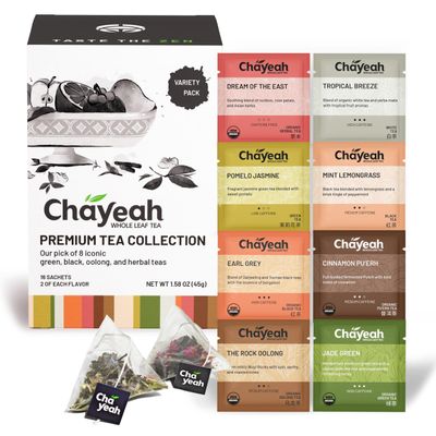 CHAYEAH, Premium Tea Collection (16 Pyramid Tea Sachets, 8 Assorted Flavors), Green, Black, Oolong, Puerh & Herbal Tea Sampler Variety Pack, Caffeinated and Non-Caffeinated, Whole Leaf Tea Bag