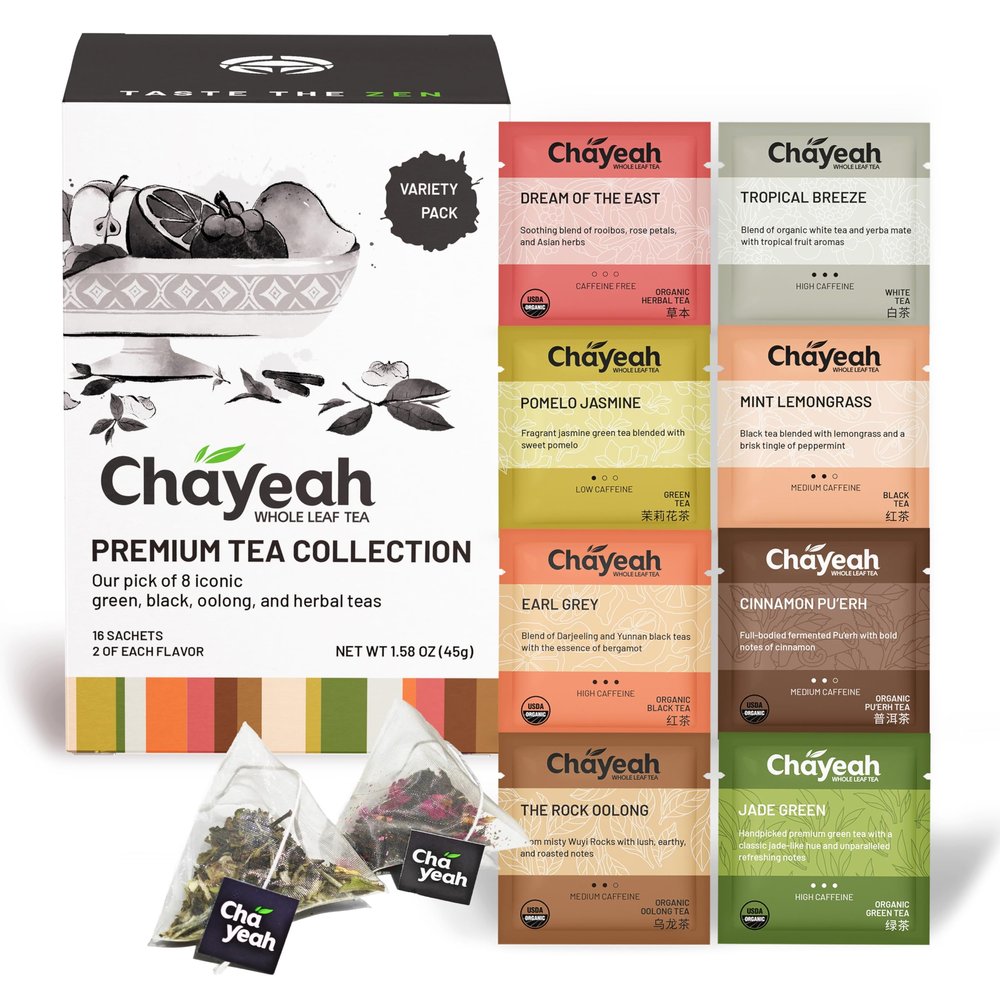 CHAYEAH, Premium Tea Collection (16 Pyramid Tea Sachets, 8 Assorted Flavors), Green, Black, Oolong, Puerh & Herbal Tea Sampler Variety Pack, Caffeinated and Non-Caffeinated, Whole Leaf Tea Bag