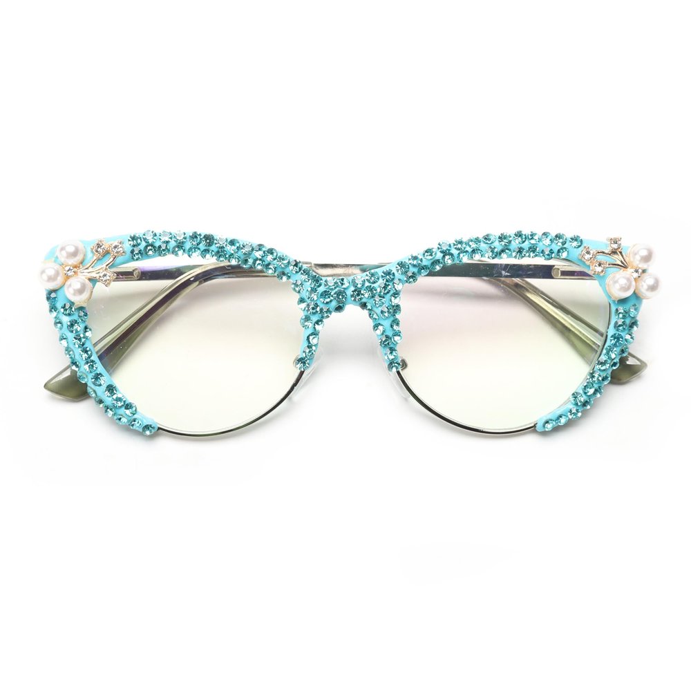 Cat Eye Rhinestone Reading Glasses Diamond Reading Glasses for Women Stylish bling Magnifying Blue Light Readers (blue, 3.25, x)