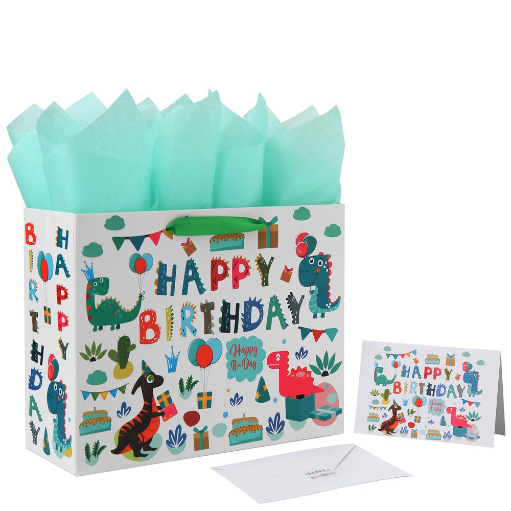 13" Large White Gift Bag Set with Greeting Card and Tissue Paper (Green Dinosaur Design and Happy Birthday) for 1st Birthday 2 Year Old, Boys, Girls, Kids Party, Baby Showers