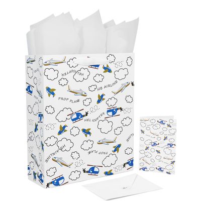 13" Large White Gift Bag Set with Greeting Card and Tissue Papers (Helicopter and Plane Design) or Boys, Girls', or Kids' Party, Baby Showers, Boy