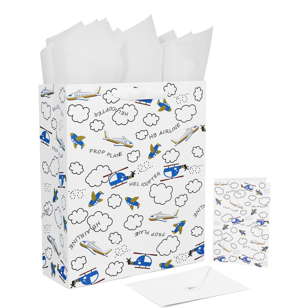13" Large White Gift Bag Set with Greeting Card and Tissue Papers (Helicopter and Plane Design) or Boys, Girls', or Kids' Party, Baby Showers, Boy