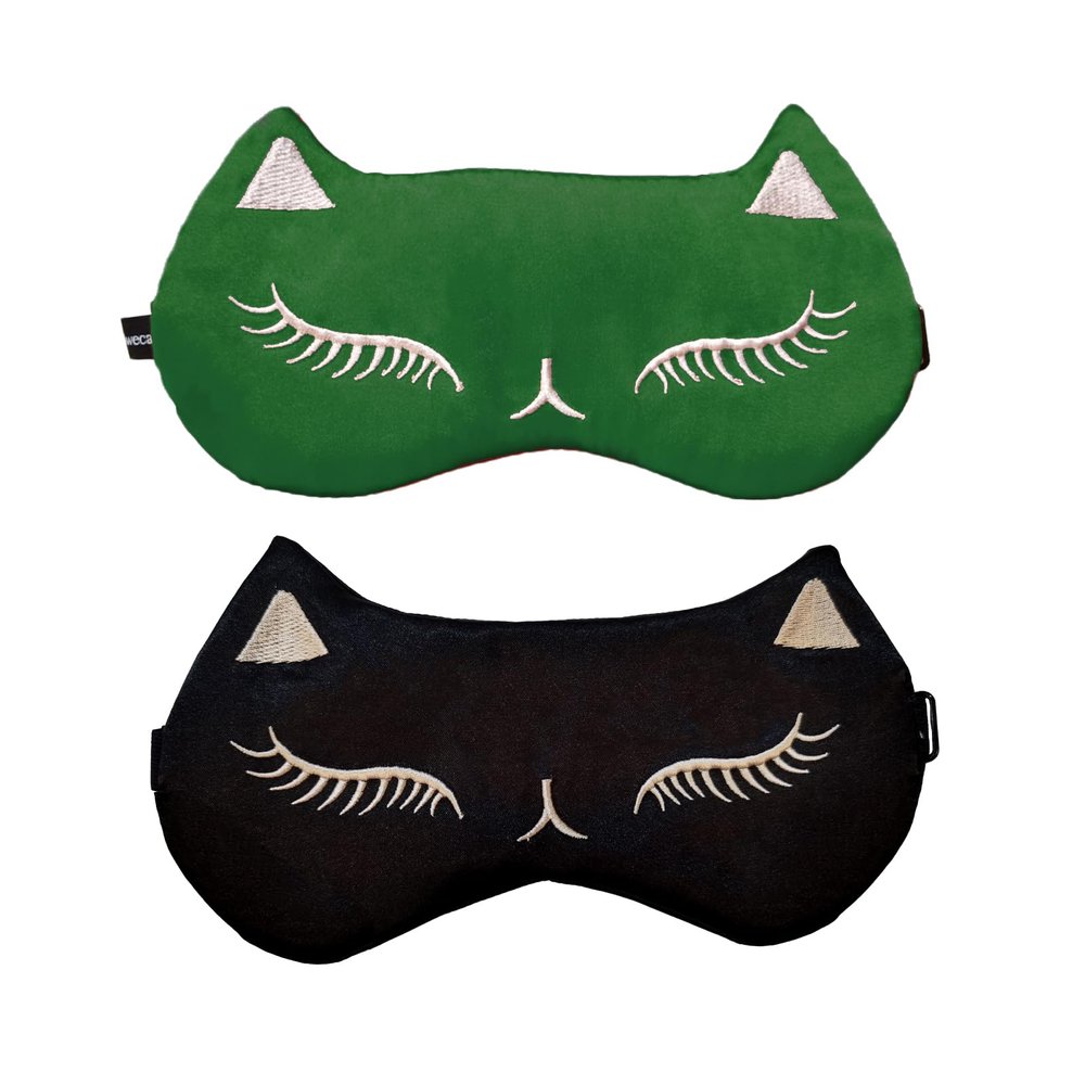 Mukveitn Cute Cat Sleep Mask for Kids (Green&Black), 2 Pack Silk Sleeping Eye Cover Adjustable Mask Night Eyeshade Cover for Girls Boys Women Men Sleep Travel Party