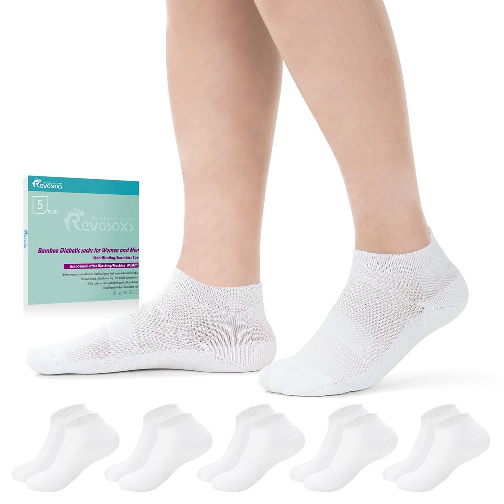 Revosoxs Diabetic Socks for Men Women,5 Pairs No Binding Low Cut Wide Seamless Socks for Women Men Size 7-9 9-11(White-Large)