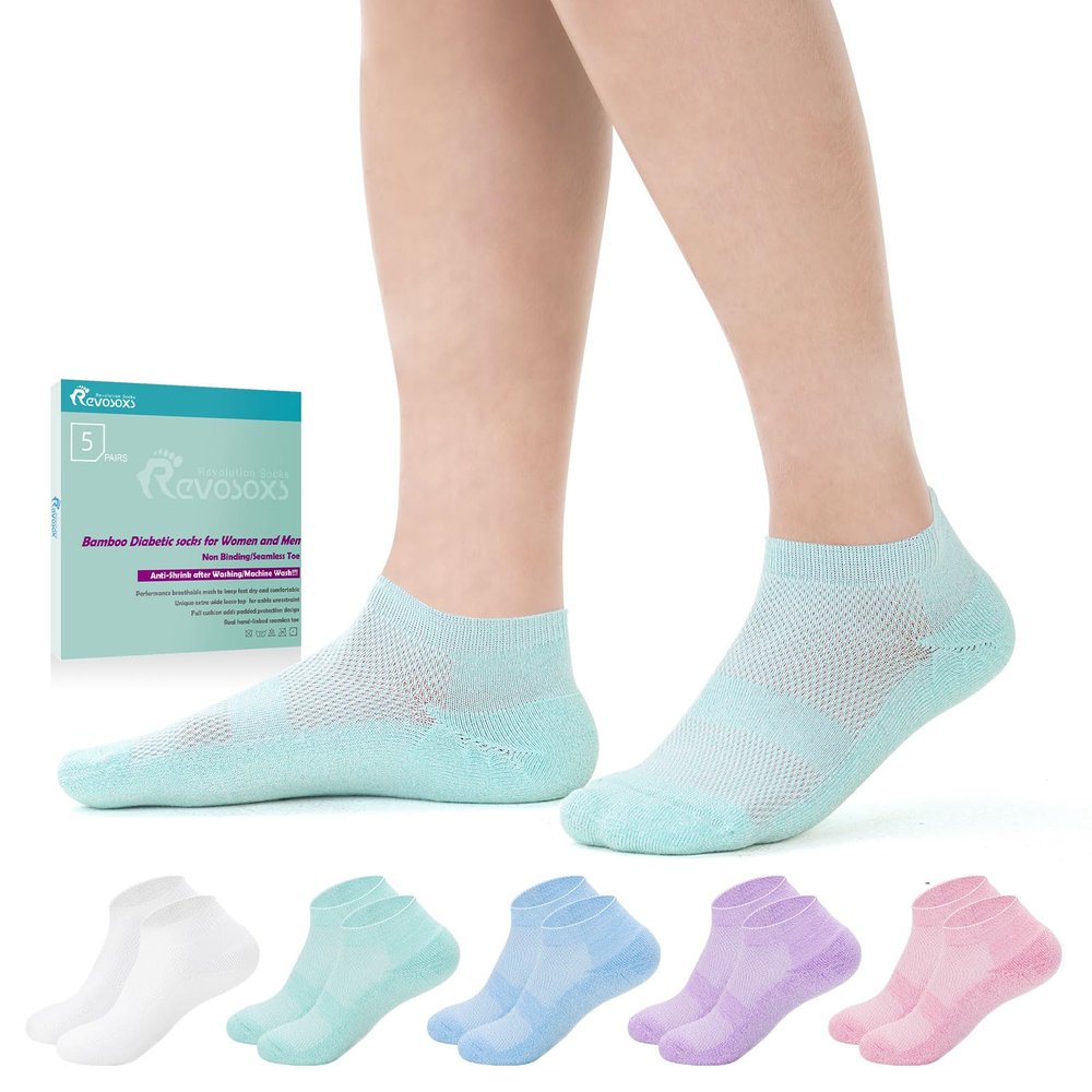 Revosoxs Diabetic Socks for Men Women,5 Pairs No Binding Low Cut Wide Seamless Socks for Women Men Size 7-9 9-11(Pure-Medium)