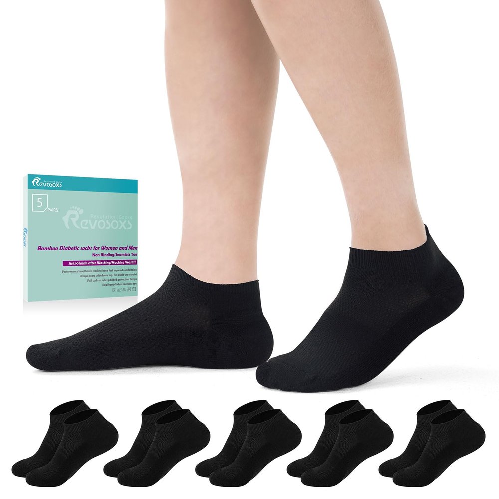 Revosoxs Diabetic Socks for Men Women,5 Pairs No Binding Low Cut Wide Seamless Socks for Women Men Size 7-9 9-11(Black-Large)