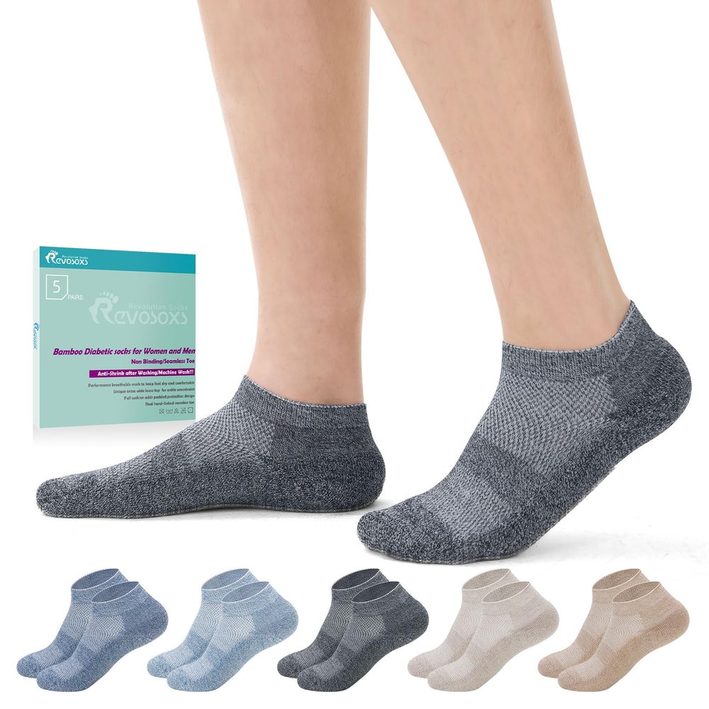 Revosoxs Diabetic Socks for Men Women,5 Pairs No Binding Low Cut Wide Seamless Socks for Women Men Size 7-9 9-11(Dark-Medium)