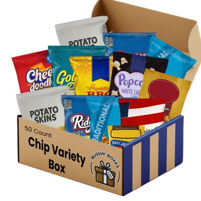 Assorted Chips Variety Pack  50 Count Snack Box with Potato Chips, Pretzels, Popcorn, and Crunchy Snacks  Individually Wrapped for School, Office, and Travel Assembled by Bussin Boxes