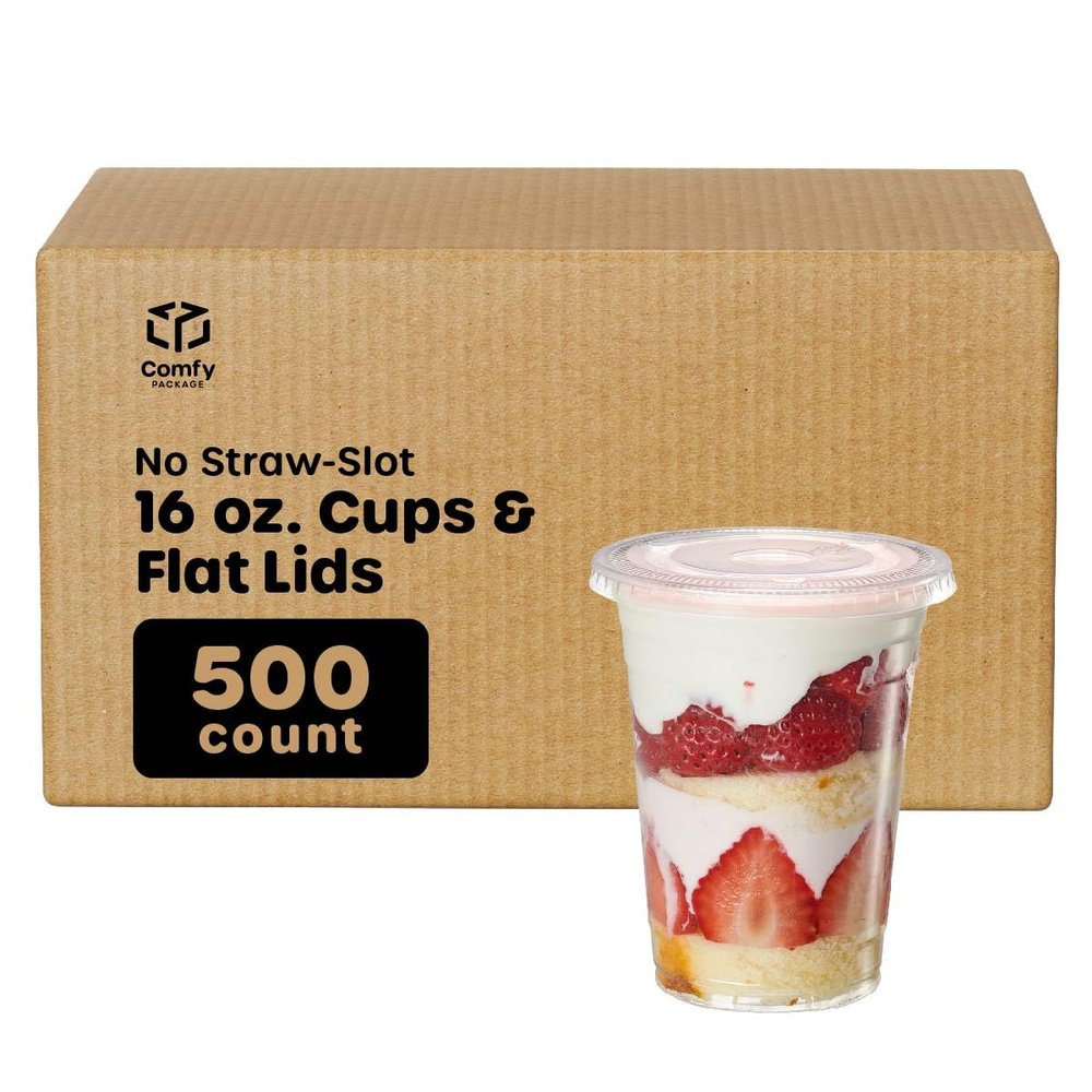 Comfy Package [Case of 500 16 oz. Clear Plastic Cups With (No Hole) Flat Lids - Ideal for Cold Beverages, Smoothies, and To-Go Drinks