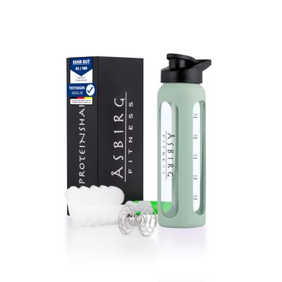 Asbirg Fitness | 24 oz Glass Protein Shaker Bottle BPA-Free, Leakproof Lid, Stainless Steel Mixing Ball & Silicone Sleeve Gym Shaker for Smoothies, Shakes & Pre-Workout Pastel Green