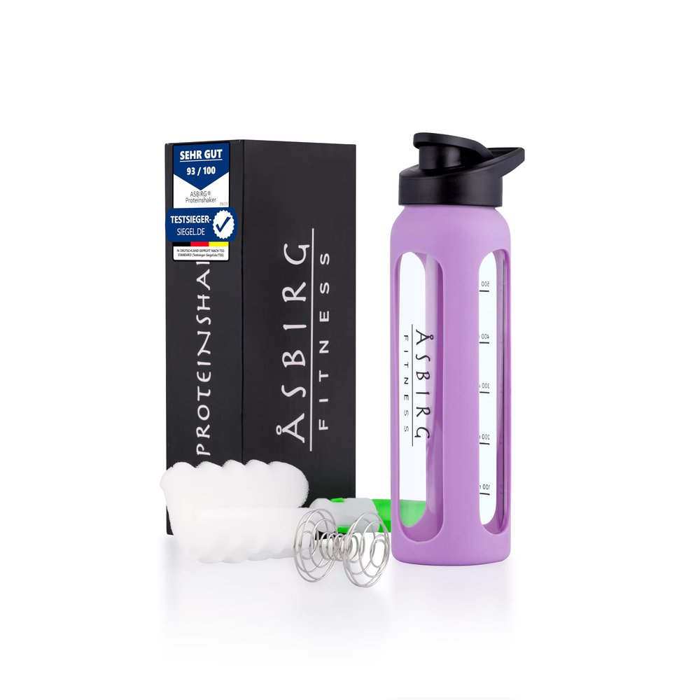 Asbirg Fitness | 24 oz Glass Protein Shaker Bottle  BPA-Free, Leakproof Lid, Stainless Steel Mixing Ball & Silicone Sleeve  Gym Shaker for Smoothies, Shakes & Pre-Workout  Pastel Purple