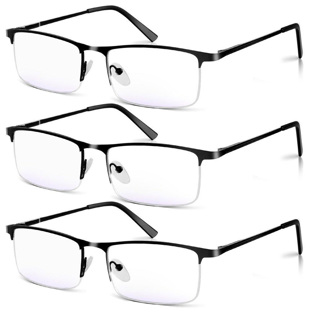 WEIMELTOY 3 Pack Blue Light Blocking Reading Glasses for Men, Stylish Half Frame Metal Computer Readers, Lightweight Spring Hinge Eyeglasses Anti Eyestrain/Glare/UV (Black, 1.5)