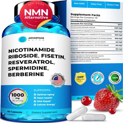 AdvantageNutra Liposomal Nicotinamide Riboside NR Supplement Resveratrol NAD : Nicotinamide 500mg w/Fisetin, Resveratrol Powder Spermidine Berberine NAD Resveratrol Supplement 500 mg - 60 caps 1 Pack