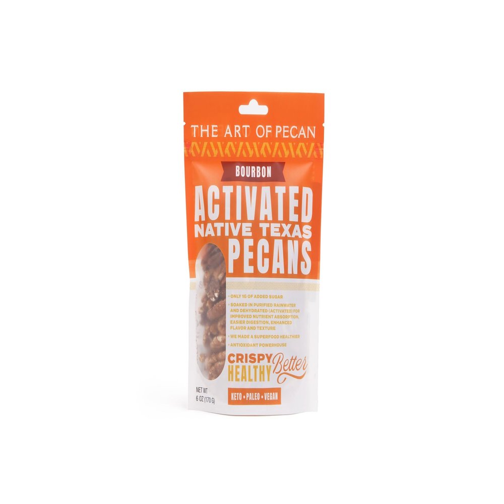 AOP Bourbon Activated Native Texas Pecans, naturally crunchy, soaked and dehydrated, very low sugar premium snack. Non-GMO, Gluten-Free, Vegan, Paleo, Heart Healthy.
