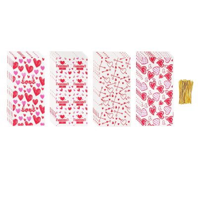 Jagrove Valentine Cellophane Treat Bags with Gold Twist Ties 100 Pieces Heart Print Plastic Bags Goodie Cookies Candy Bread Gift Bags for Valentine's Day Wedding Party Supplies