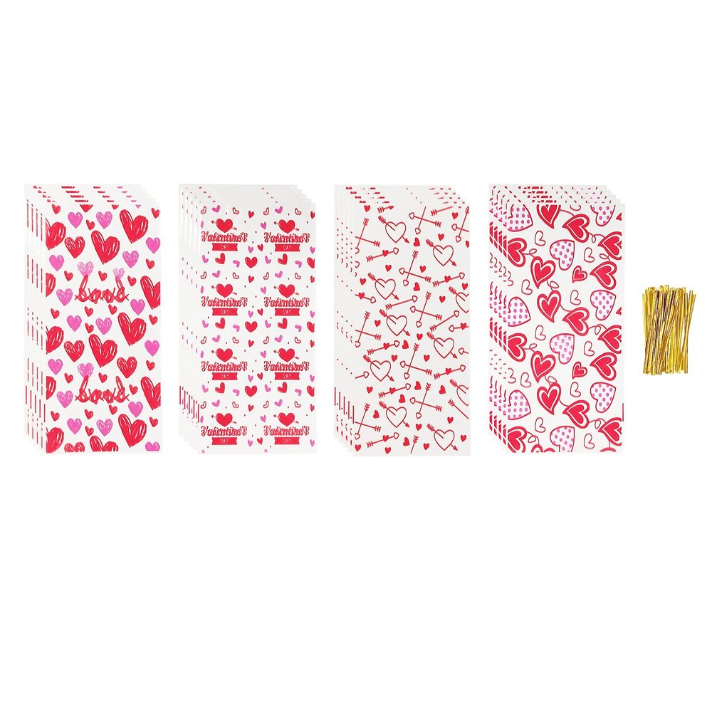 Jagrove Valentine Cellophane Treat Bags with Gold Twist Ties 100 Pieces Heart Print Plastic Bags Goodie Cookies Candy Bread Gift Bags for Valentine's Day Wedding Party Supplies