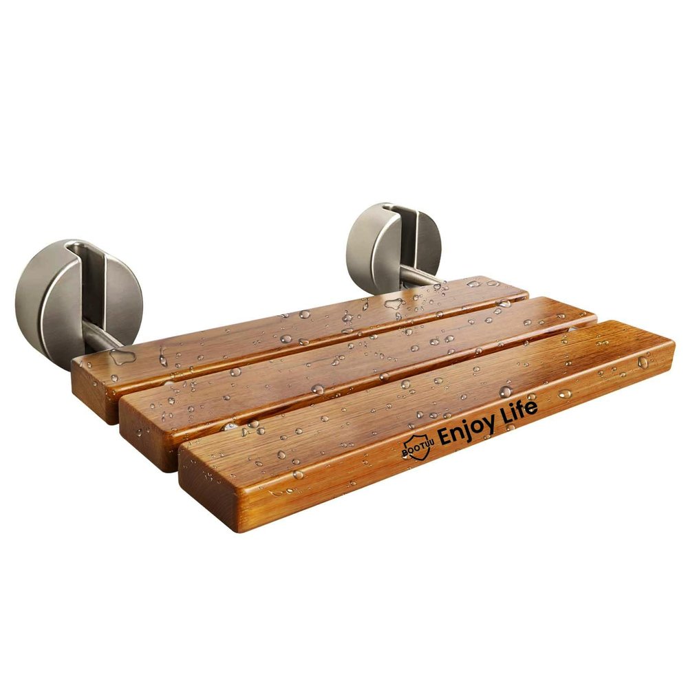 20 Inchs Teak Folding Shower Seat Wall Mounted, Folding Shower Seat with 400 Lb. Weight Capacity (Metal Brushed Cover)