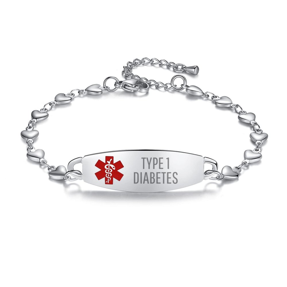 LinnaLove Heart Medical alert bracelets for Women Fashion Stainless steel Medical ID Bracelets 7-8.5" adjustable engraved Type 1 Diabetes.