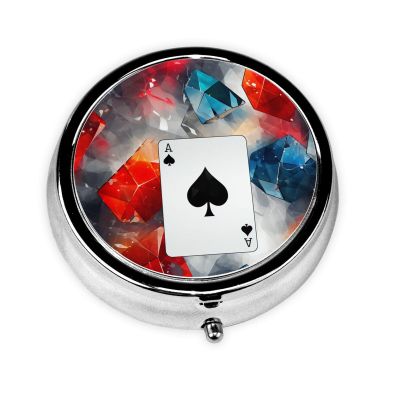 Polygonal Playing Cards Print Pill Box 3 Compartment Round Pill Case with Mirror Metal Pill Organizer Travel Pillbox Mini Medicine Storage Box for Pocket Purse